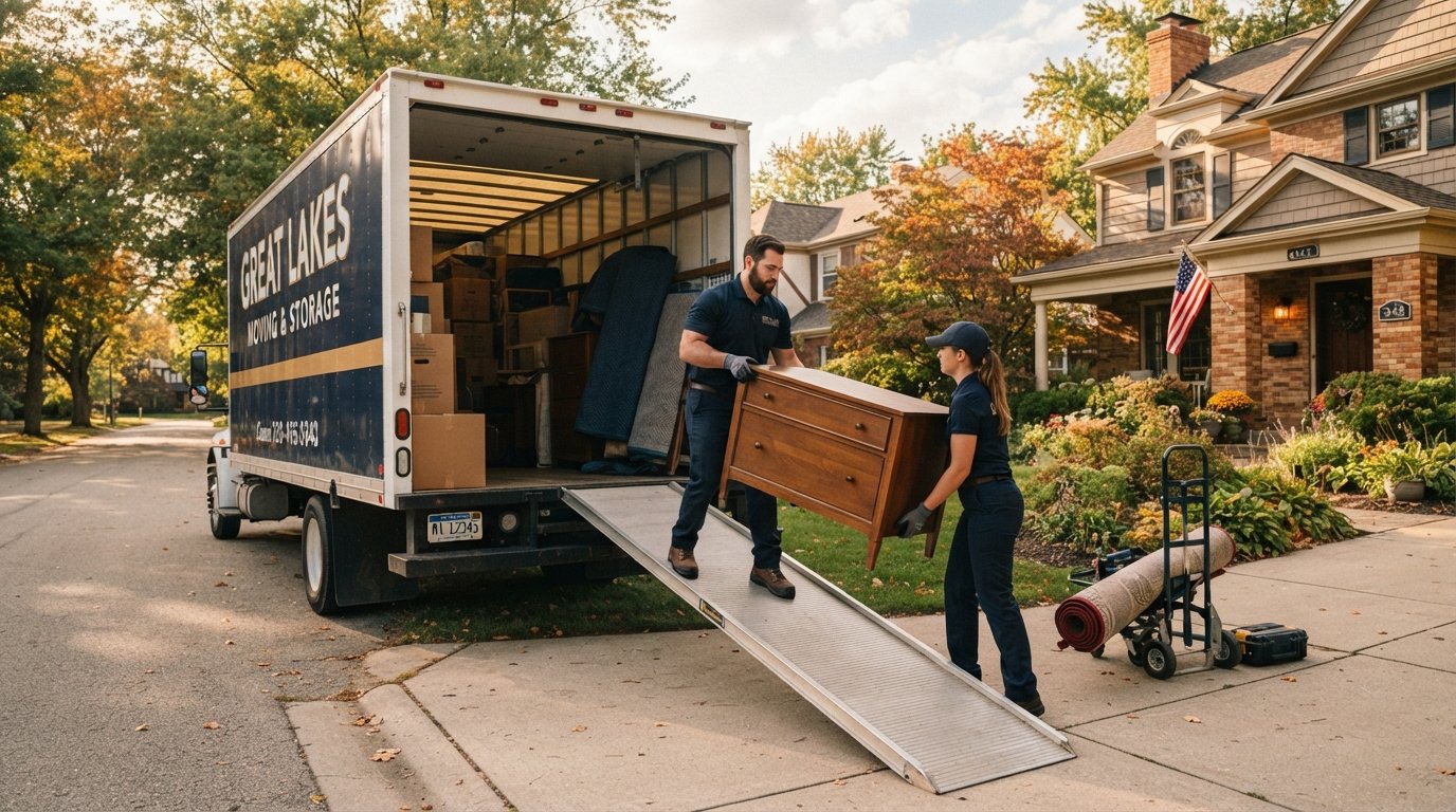 JD's Moving crew loading furniture into a moving truck outside a Michigan home
